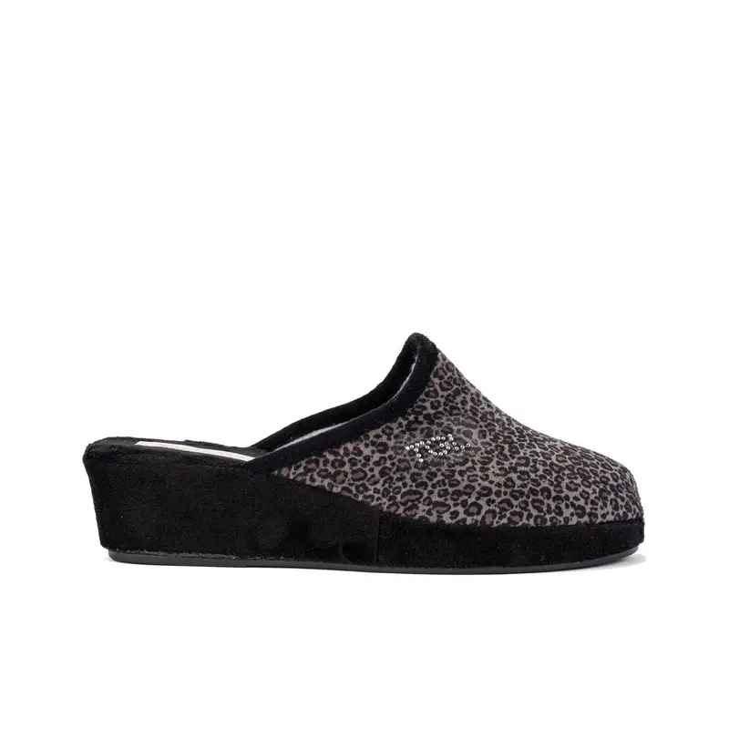 Ciabatte donna nere da casa in fantasia animalier con zeppina