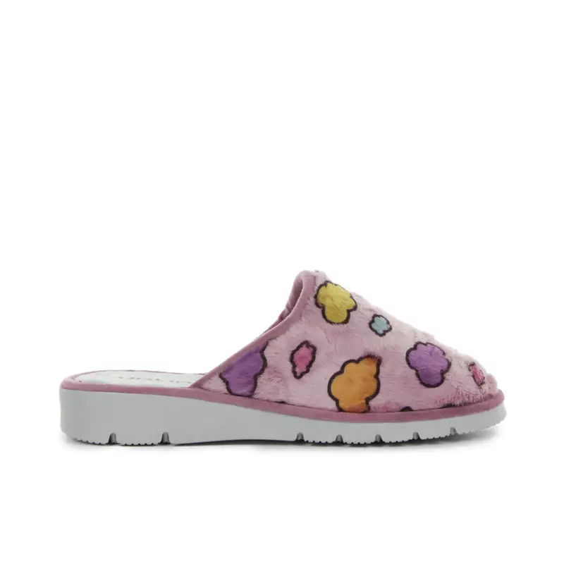 Ciabatte donna rosa da casa in peluche stampa nuvolette con zeppina