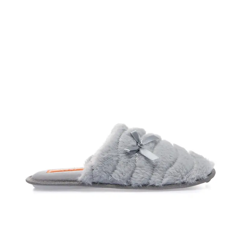 Ciabatte grigie da casa in peluche con pailettes e fiocchetto