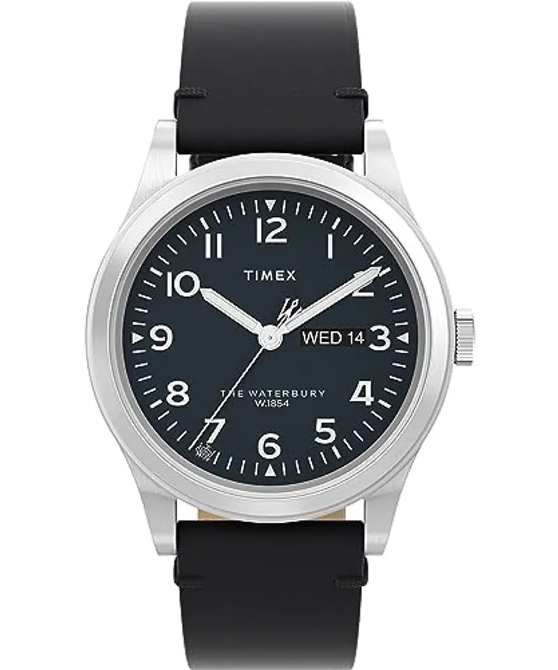 Timex Orologio da uomo Waterbury, 39 mm, cinturino a sgancio rapido in due pezzi in pelle nera, quadrante nero, cassa in acciaio inox TW2W14700