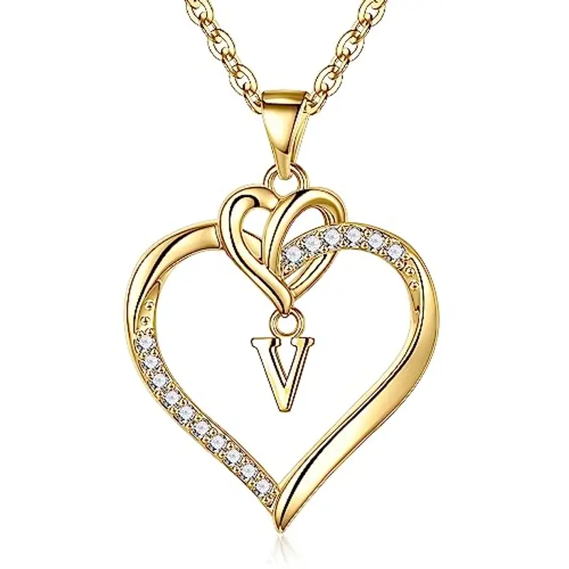 TINGN Catena con Lettera Collana da Donna, Iniziale CZ Catena con Ciondolo a Cuore Oro da Donna Iniziale V Collana