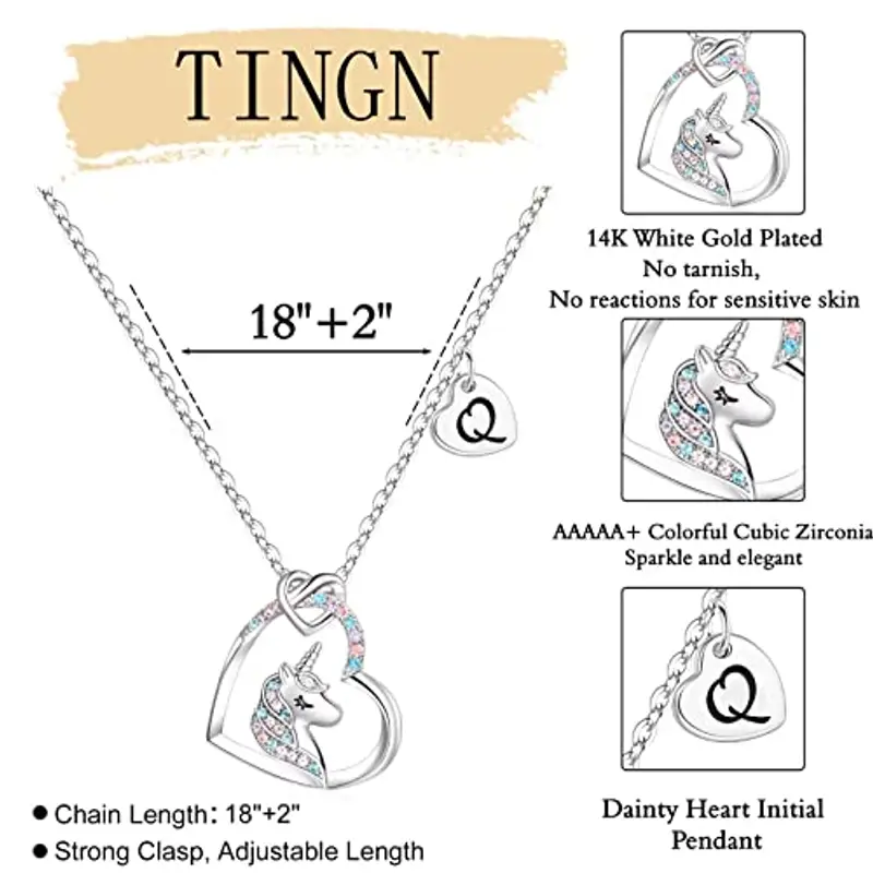TINGN Collana Regali Unicorno Cuore per Ragazze Donne, Collana con Ciondolo Unicorno Cuore Placcato Oro Bianco 14k Catena con Lettera Q Regali Compleanno Unicorno per Figlia Ragazze Gioielli miniatura 3