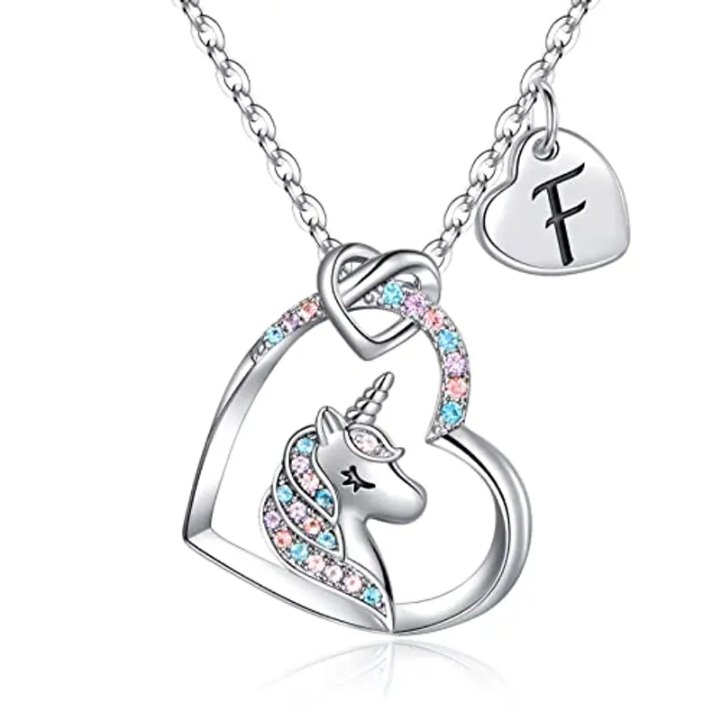 TINGN Collana Unicorno Regali per Ragazze, Ciondolo Cuore Iniziale Placcato Oro Bianco 14k CZ Collana con Iniziale F Unicorno per Ragazze Compleanno Unicorni Regali per Ragazze Gioielli da Donna