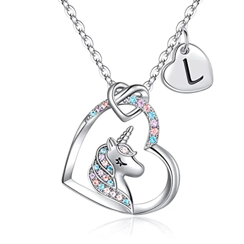 TINGN Collana Unicorno Regali per Ragazze, Ciondolo Cuore Iniziale Placcato Oro Bianco 14k CZ Collana con Iniziale L Unicorno per Ragazze Compleanno Unicorni Regali per Ragazze Gioielli da Donna