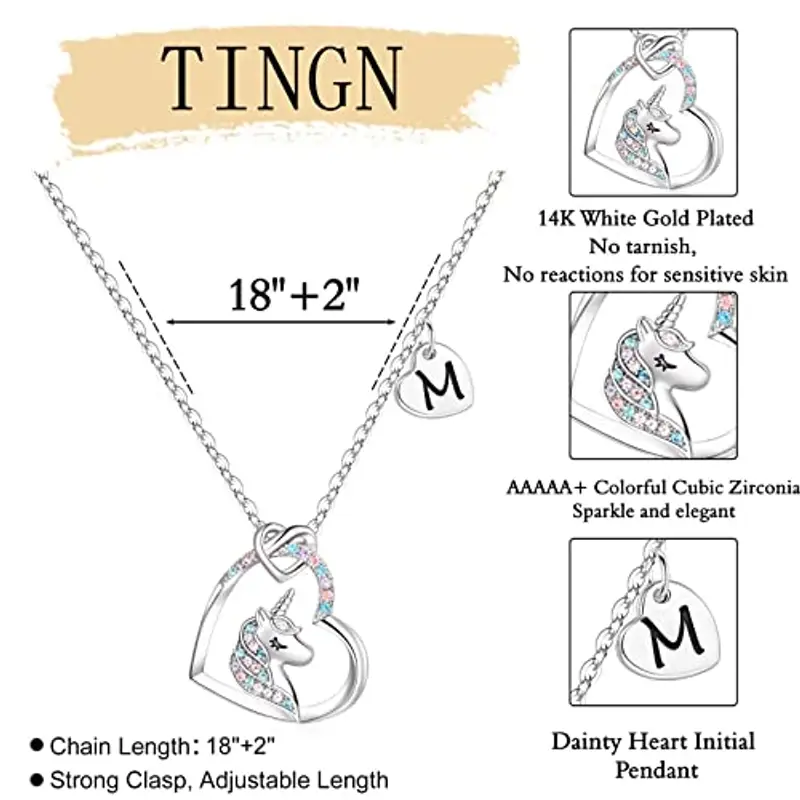 TINGN Regali per Ragazze Collana Argento Unicorno, Ciondolo Cuore CZ Placcato Oro Bianco 14k Collane Unicorno per Ragazze Catena Unicorno Iniziale M Unicorno Regali di Compleanno per Ragazze Gioielli miniatura 3
