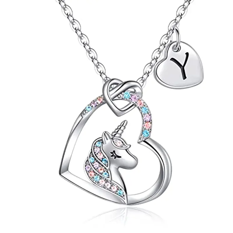 TINGN Regali per Ragazze Collana Argento Unicorno, Ciondolo Cuore CZ Placcato Oro Bianco 14k Collane Unicorno per Ragazze Catena Unicorno Iniziale Y Unicorno Regali di Compleanno per Ragazze Gioielli