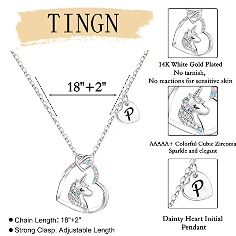 TINGN Regali Unicorno per Ragazze Collana Cuore, Collana con Ciondolo Unicorno Placcato Oro Bianco 14k Catena con Lettere Regali Unicorno Iniziale P Collane Unicorno per Gioielli per Ragazze miniatura 3