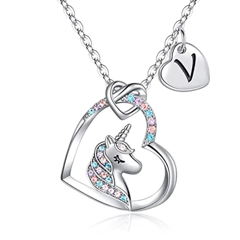 TINGN Regali Unicorno per Ragazze Collana Cuore, Collana con Ciondolo Unicorno Placcato Oro Bianco 14k Catena con Lettere Regali Unicorno Iniziale V Collane Unicorno per Gioielli per Ragazze