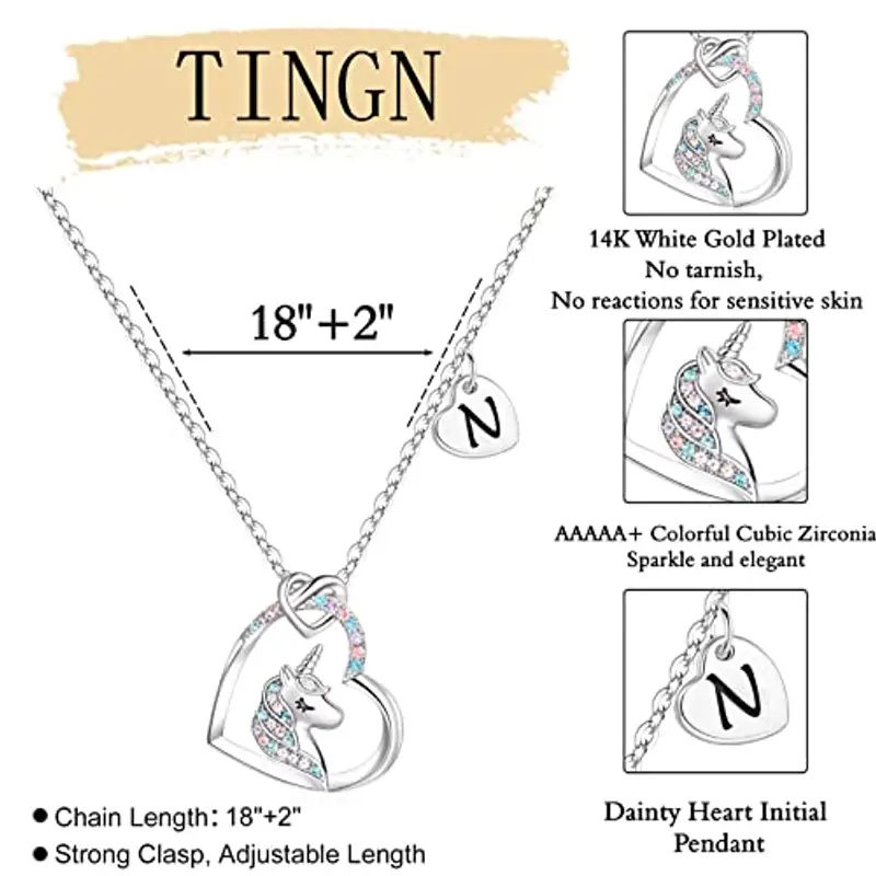TINGN Regali Unicorno per Ragazze Collana in Oro Bianco, Placcato Oro 14k Catena Lettera N Collane Unicorno per Ragazze Donne Ragazze Ciondolo Cuore Collana Unicorno Regali per Ragazze miniatura 3