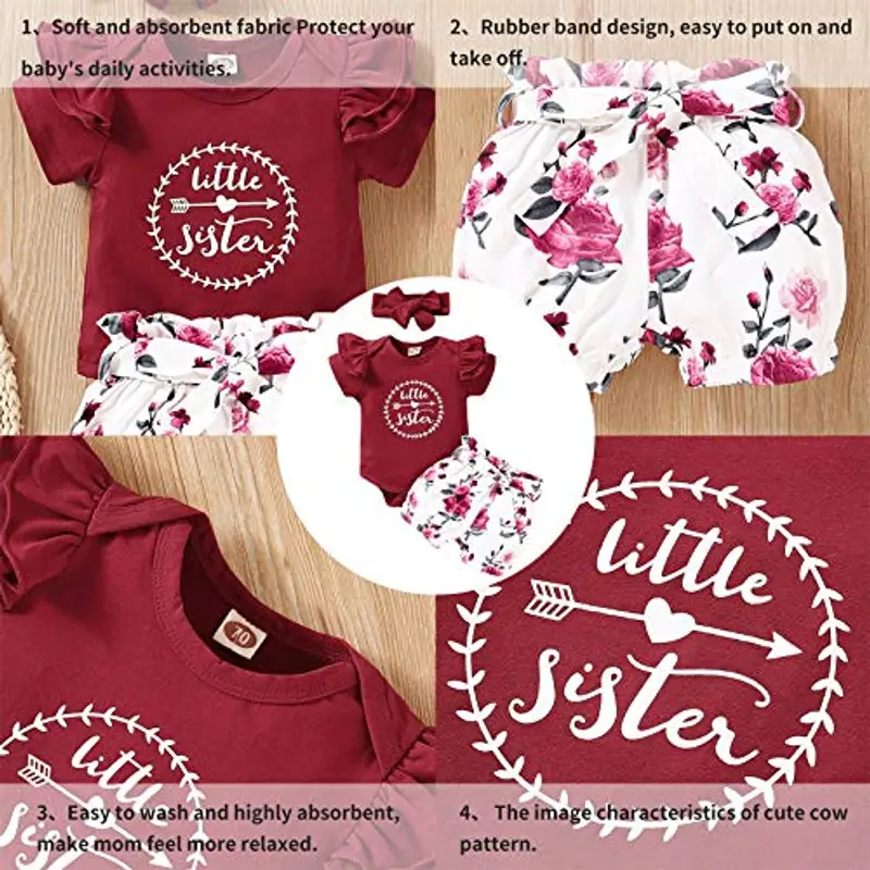 TMEOG Neonata Neonato Vestiti Estate Manica Corta Lettera Stampa Pagliaccetto + Pantaloni + Fascia per Capelli Abiti 3 Pezzi Set miniatura 3