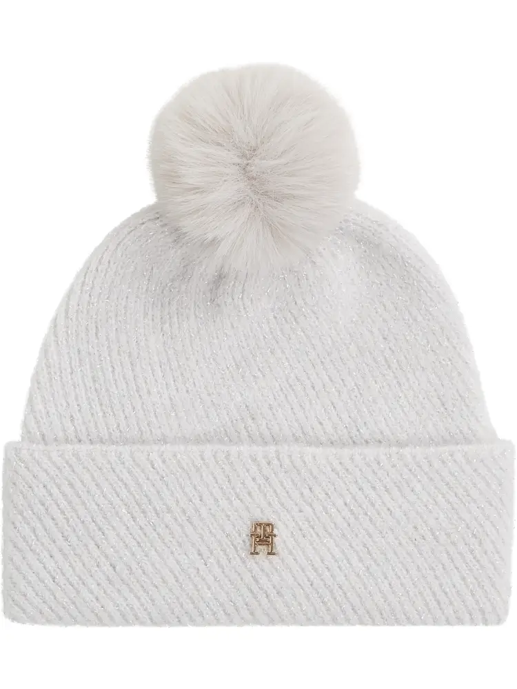 berretto bianco con pon pon e logo th metallico