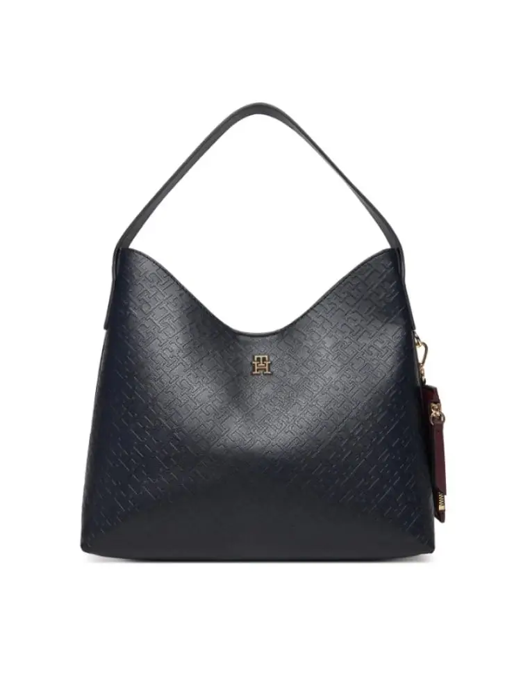 borsa a spalla blu con motivo monogramma th in rilievo