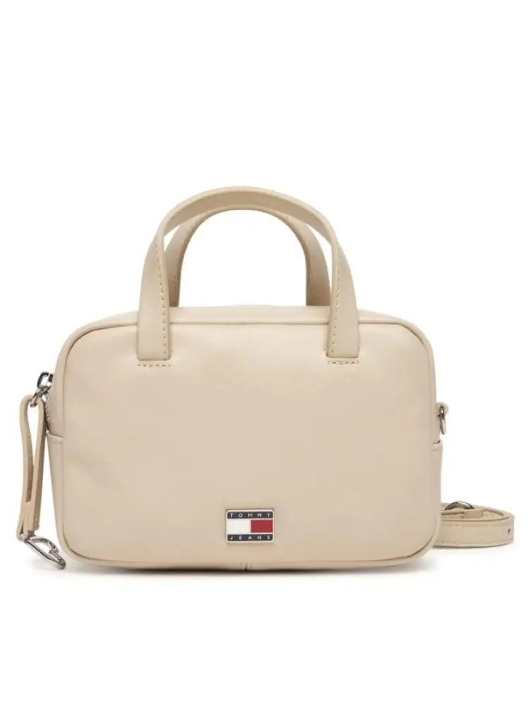 borsa a tracolla beige con placca logo in metallo