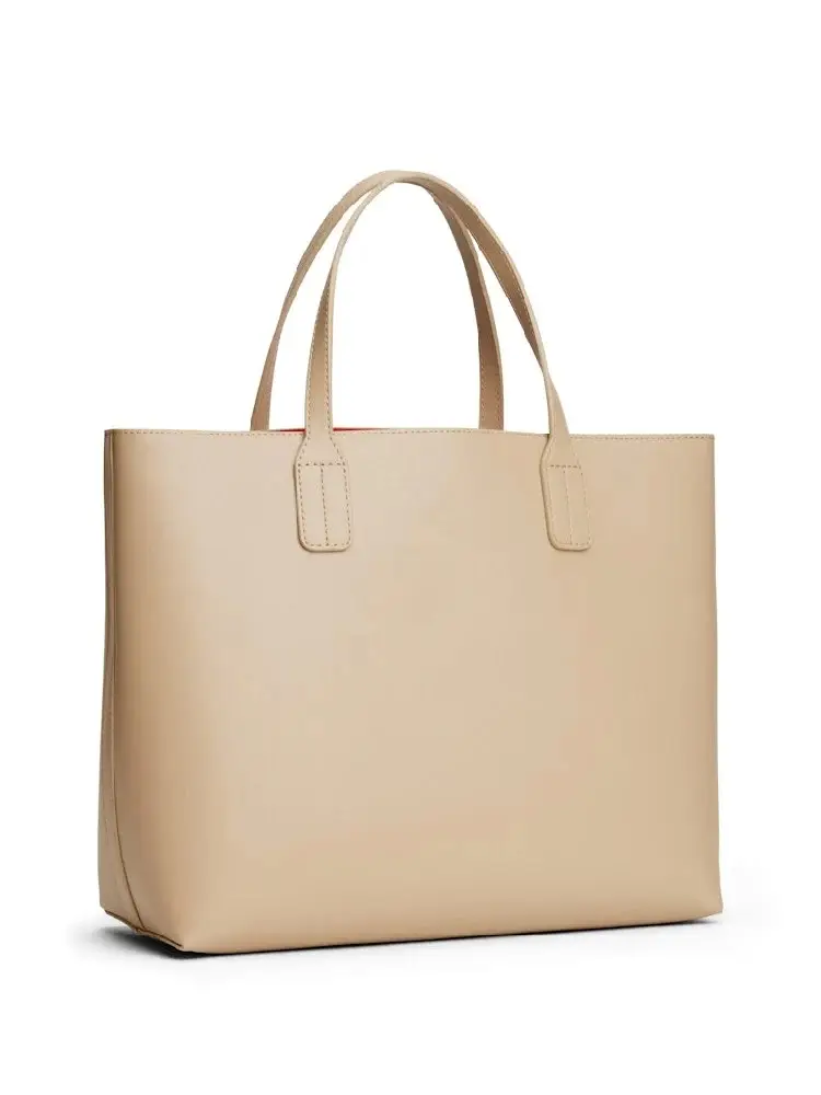 borsa beige donna in ecopelle shopping con tracolla logo sul davanti miniatura 2