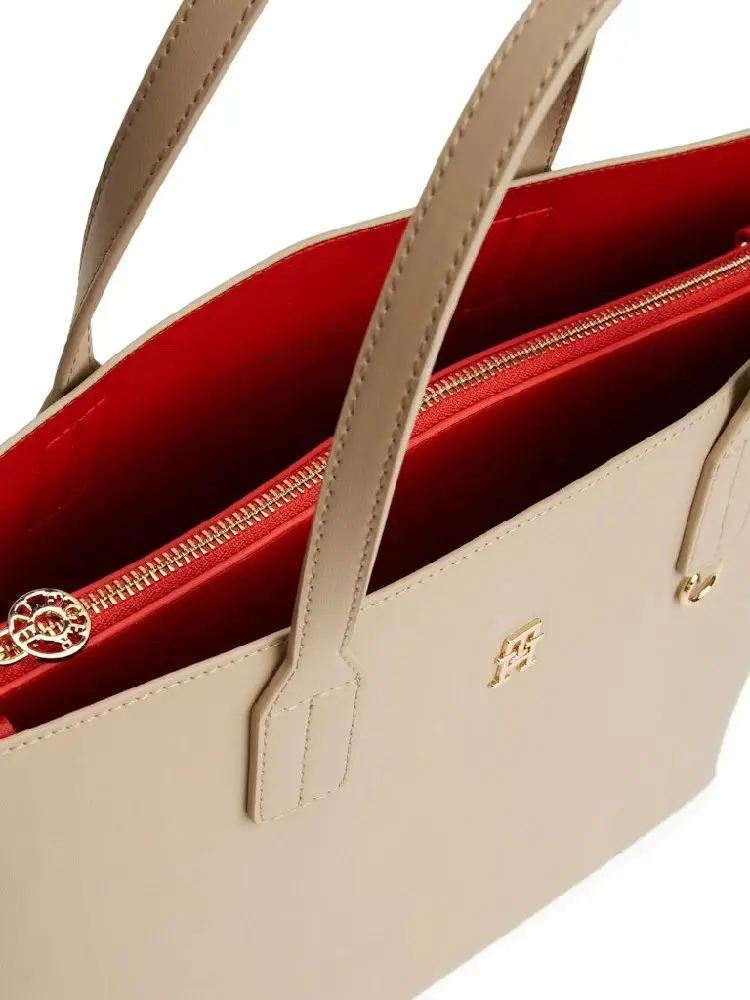 borsa beige donna in ecopelle shopping con tracolla logo sul davanti miniatura 3