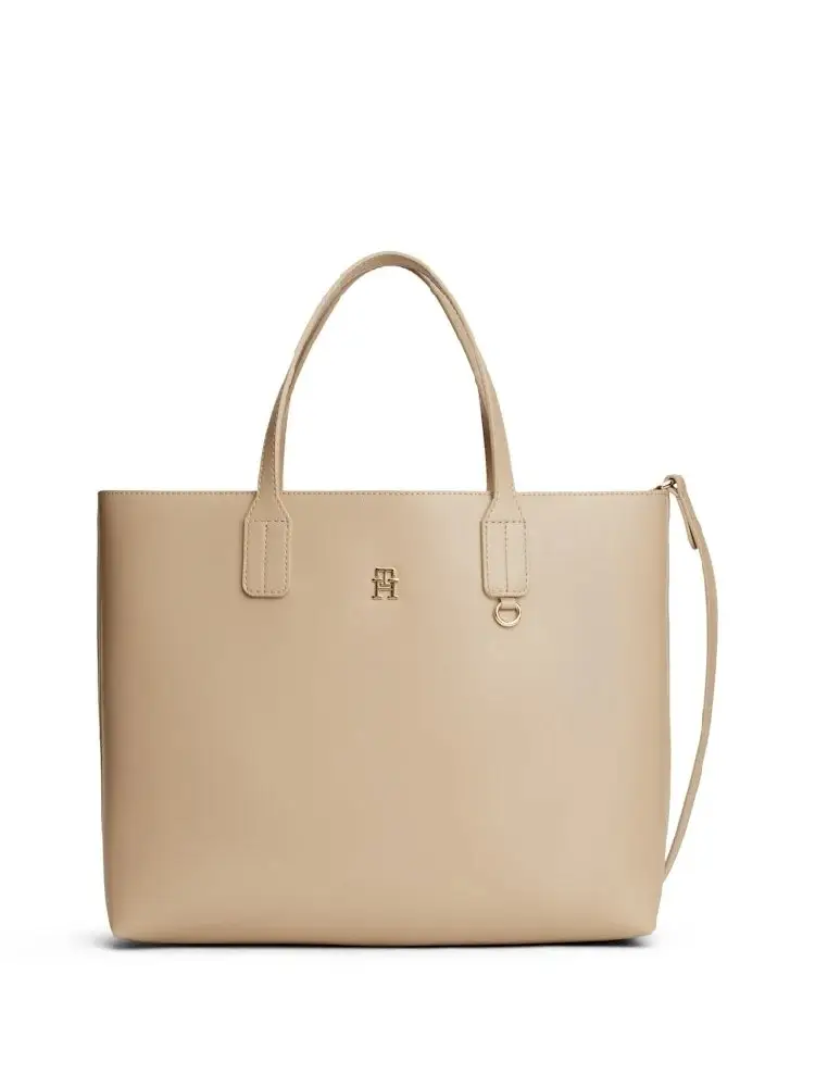borsa beige donna in ecopelle shopping con tracolla logo sul davanti