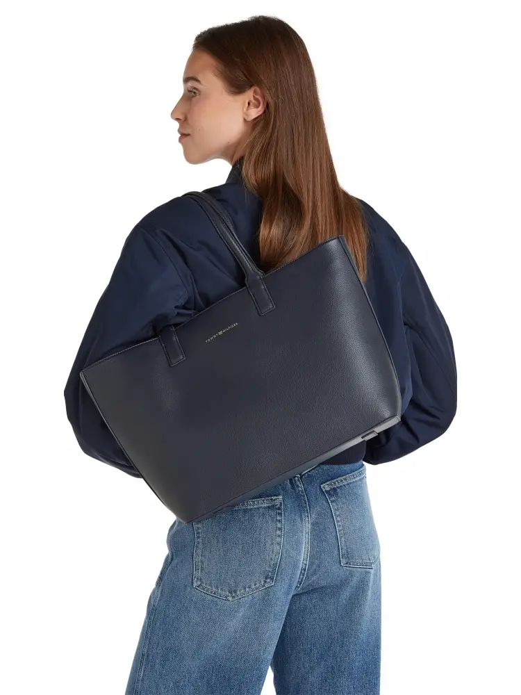 borsa blu navy donna in ecopelle shopping logo sul davanti miniatura 3