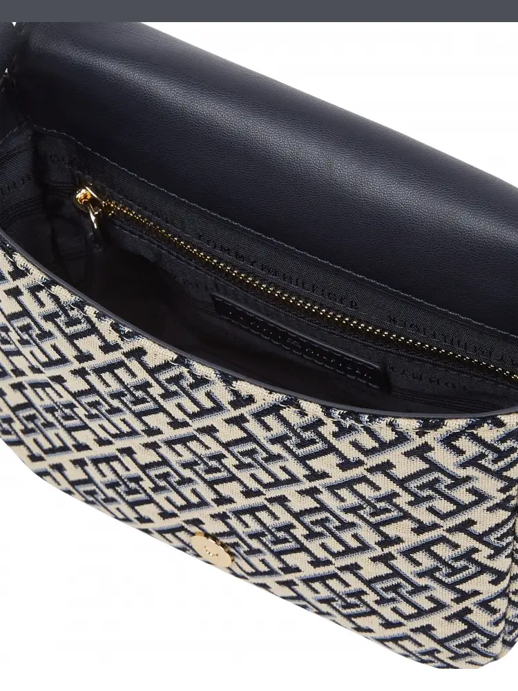 borsa blu navy donna in tessuto con tracolla logo all over miniatura 2