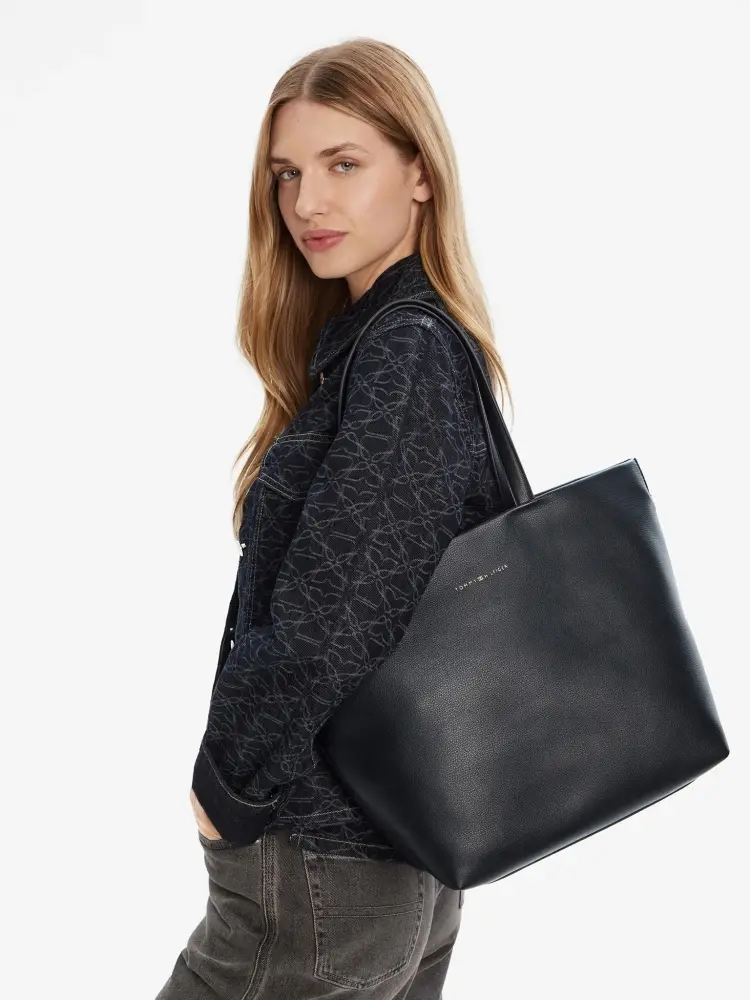 borsa blu scuro donna in similpelle shopping logo sul davanti miniatura 3