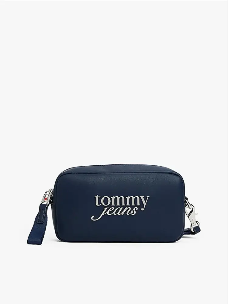borsa camera bag in ecopelle blu con logo a rilievo