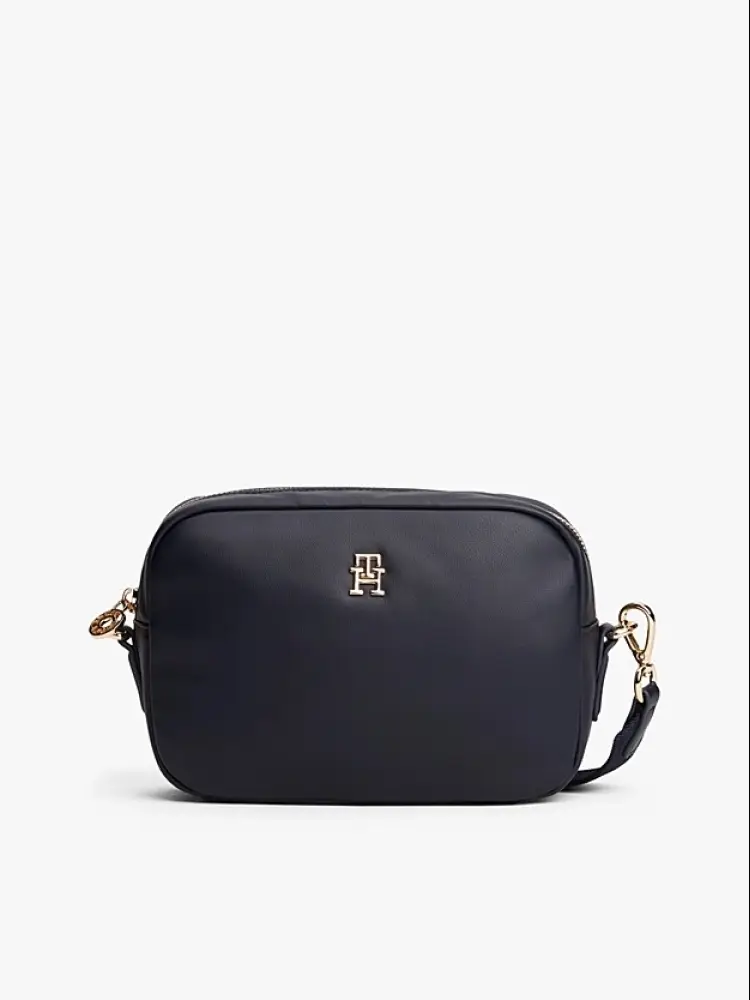 borsa camera bag in ecopelle liscia blu con logo monogram