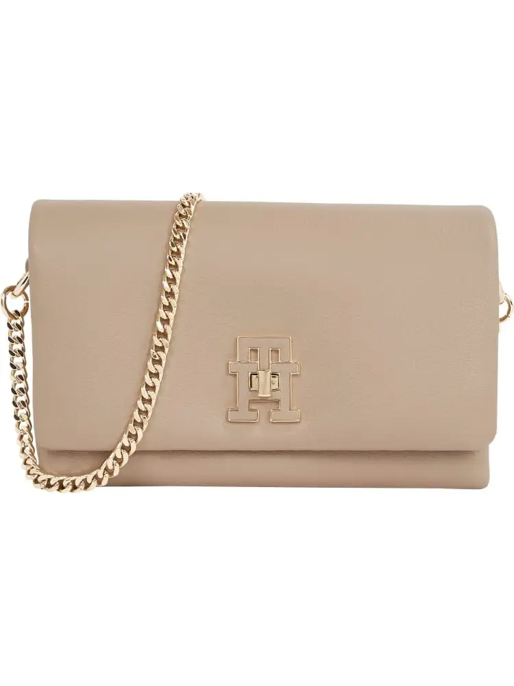 borsa mini crossover modern in ecopelle beige scuro con tracolla catena