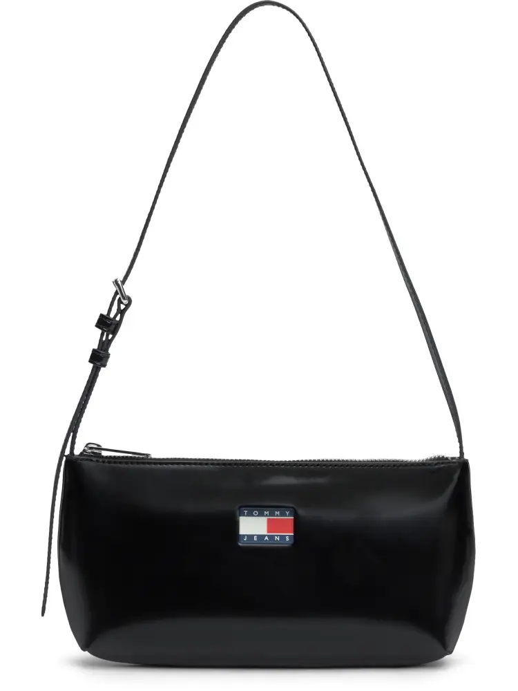 borsa nera a spalla con finitura lucida e placchetta logo