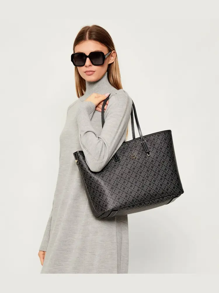 borsa nera donna in ecopelle shopping logo monogram all over miniatura 3