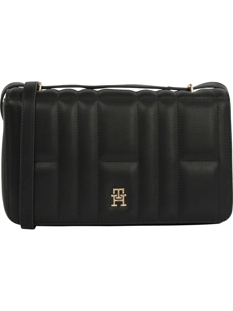 borsa nera donna in ecopelle trapuntata con tracolla logo sul davanti