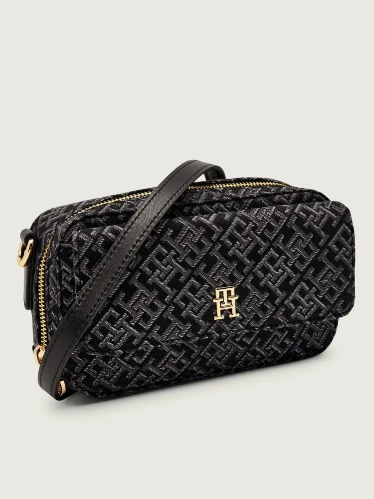 borsa nera donna in tessuto con tracolla logo mogram all over miniatura 2