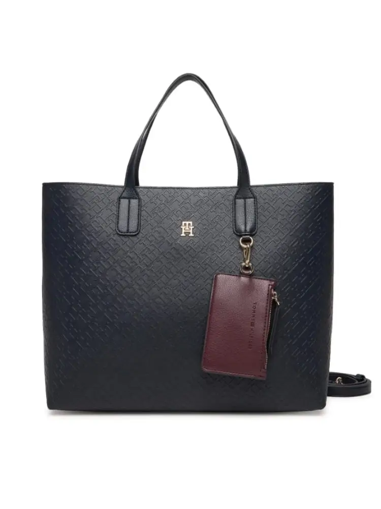 borsa satchel blu con manico e tracolla e motivo monogramma th in rilievo