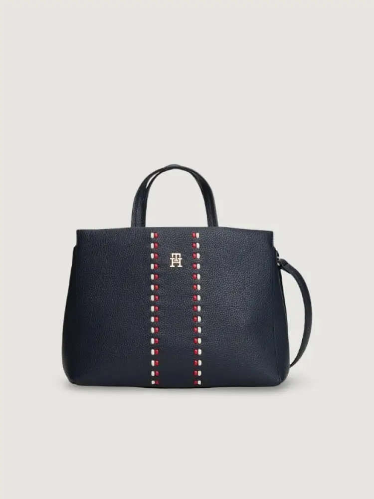 borsa satchel timeless blu con tracolla e inserti iconici