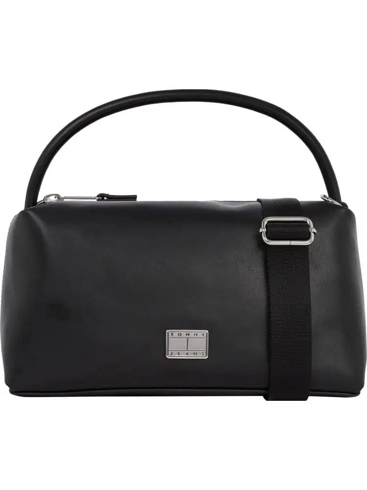 borsa sholder in ecopelle nera con logo metallo e tracolla