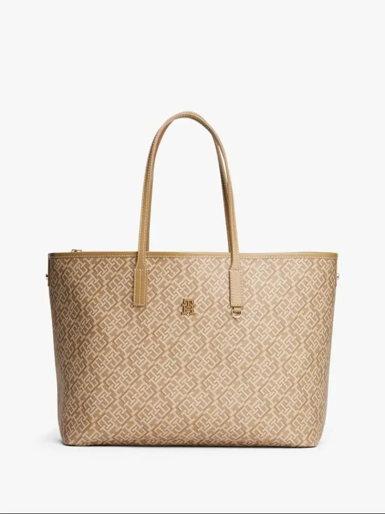 borsa shopping in ecopelle beige con logo all over