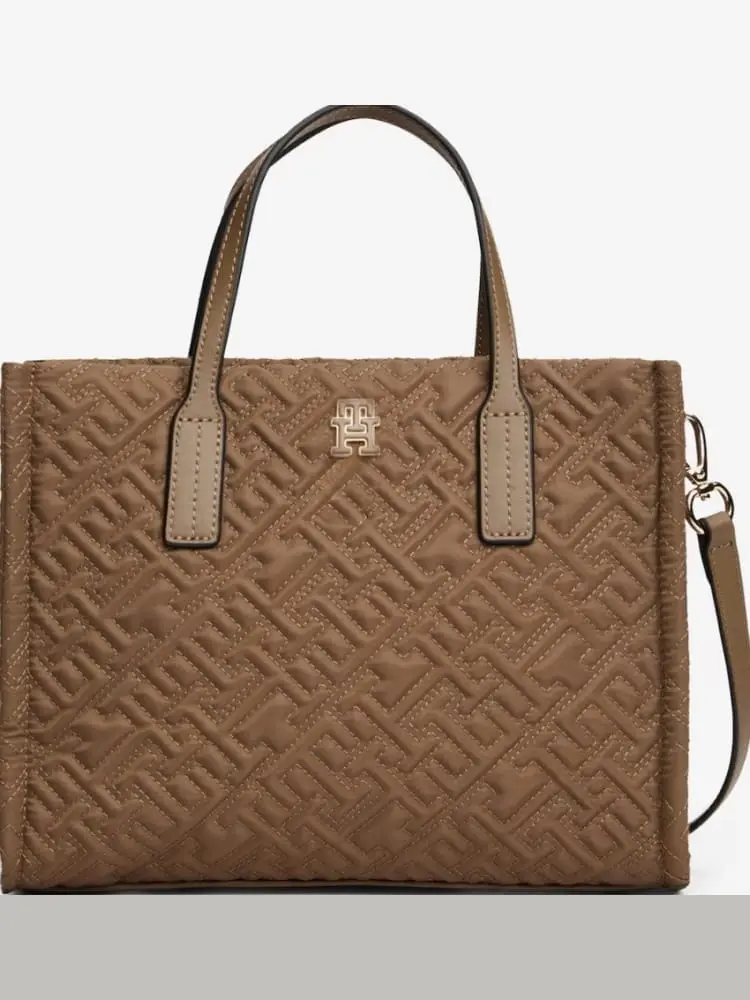 borsa tote in tessuto taupe con tracolla