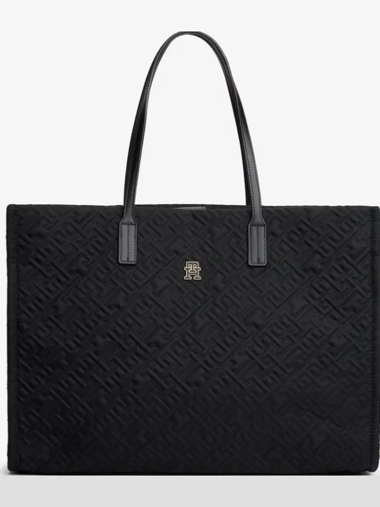borsa tote nera con motivo monogramma th in rilievo