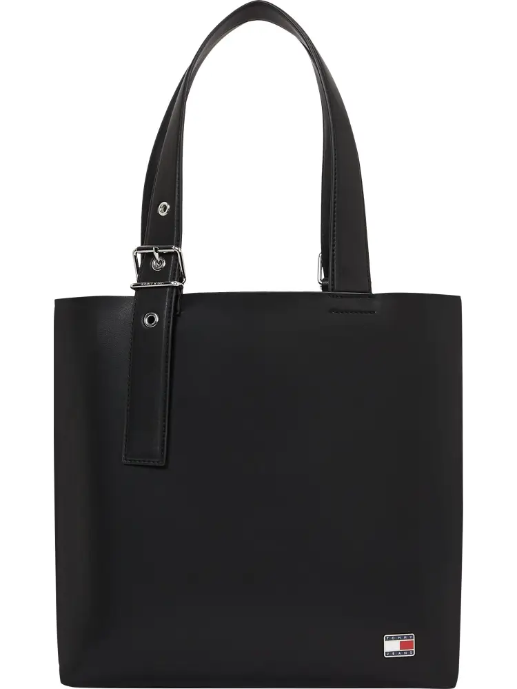 borsa tote nera con placchetta logo