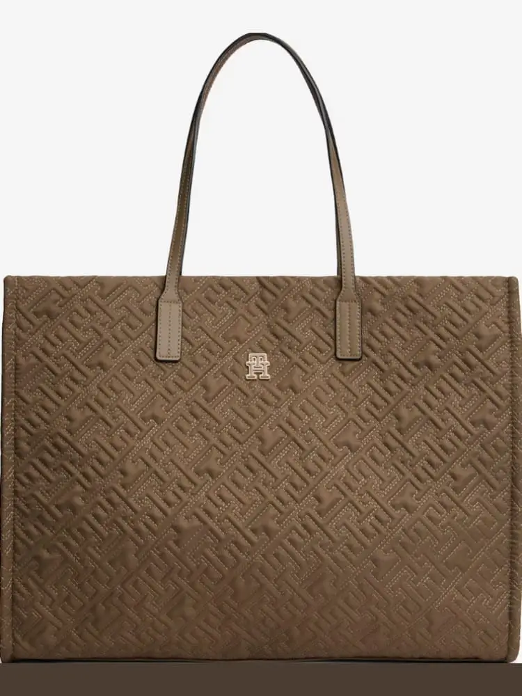 borsa tote taupe con motivo monogramma th in rilievo