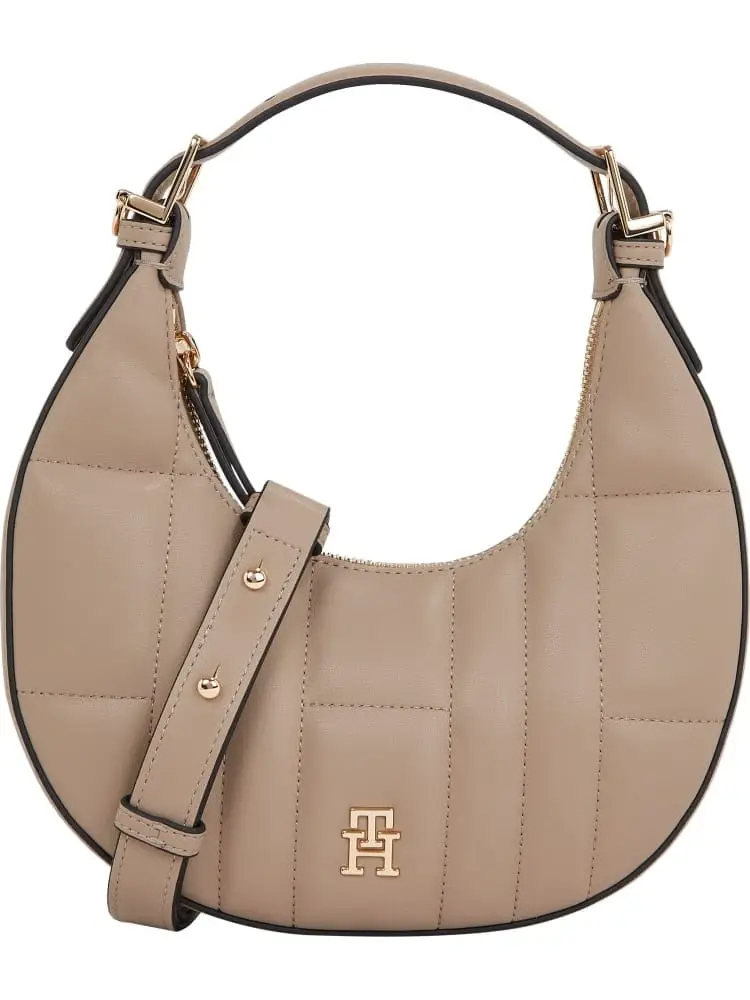 borsa trapuntata a mezzaluna con monogramma beige scuro