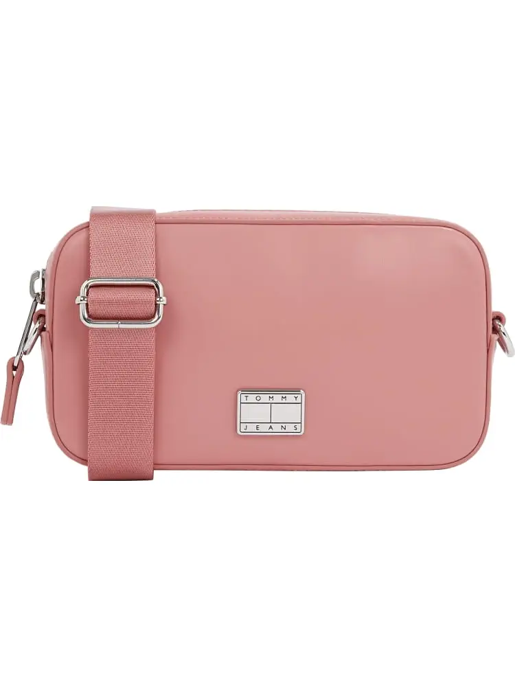 borsetta camera bag in ecopelle rosa con placca logo