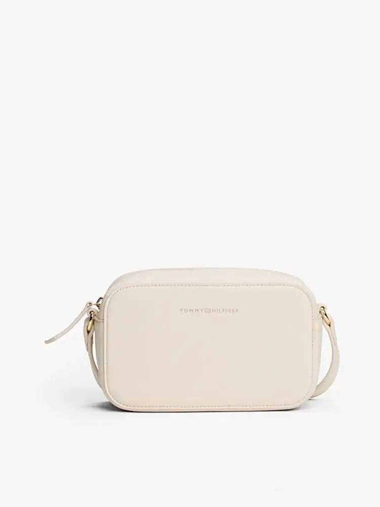 camera bag beige chiaro con tracolla e logo impresso