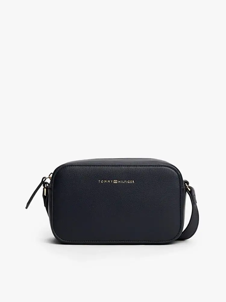 camera bag blu con tracolla e logo impresso