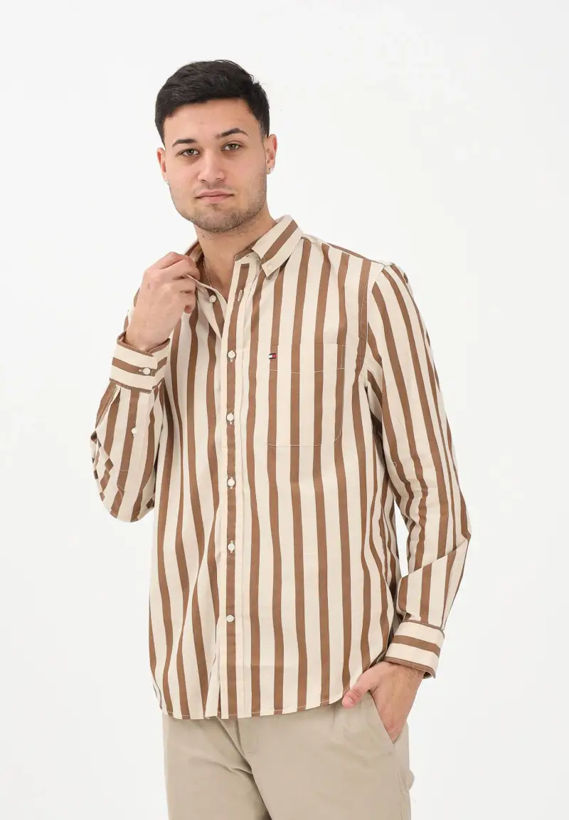 Camicia a manica lunga da uomo con motivo a righe nei toni del beige e del marrone miniatura 2