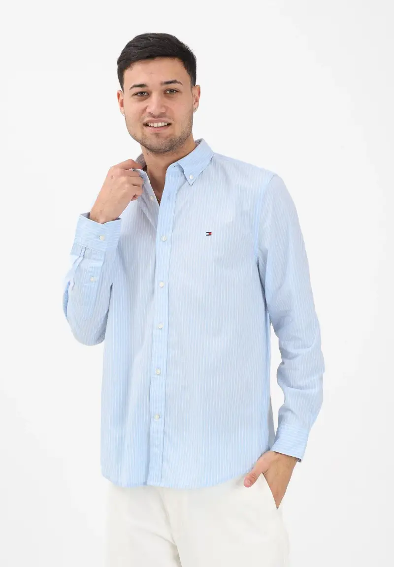 Camicia a manica lunga TH Flex azzurra da uomo con motivo a righe miniatura 2