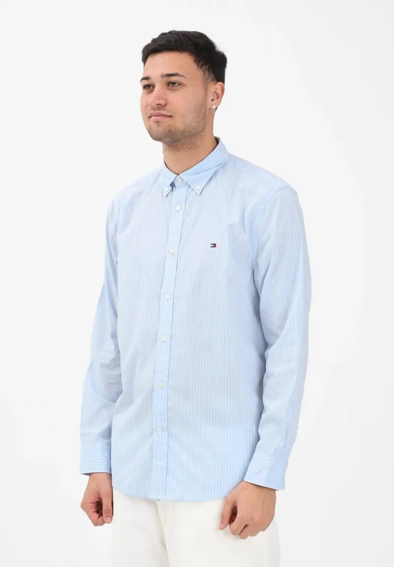 Camicia a manica lunga TH Flex azzurra da uomo con motivo a righe