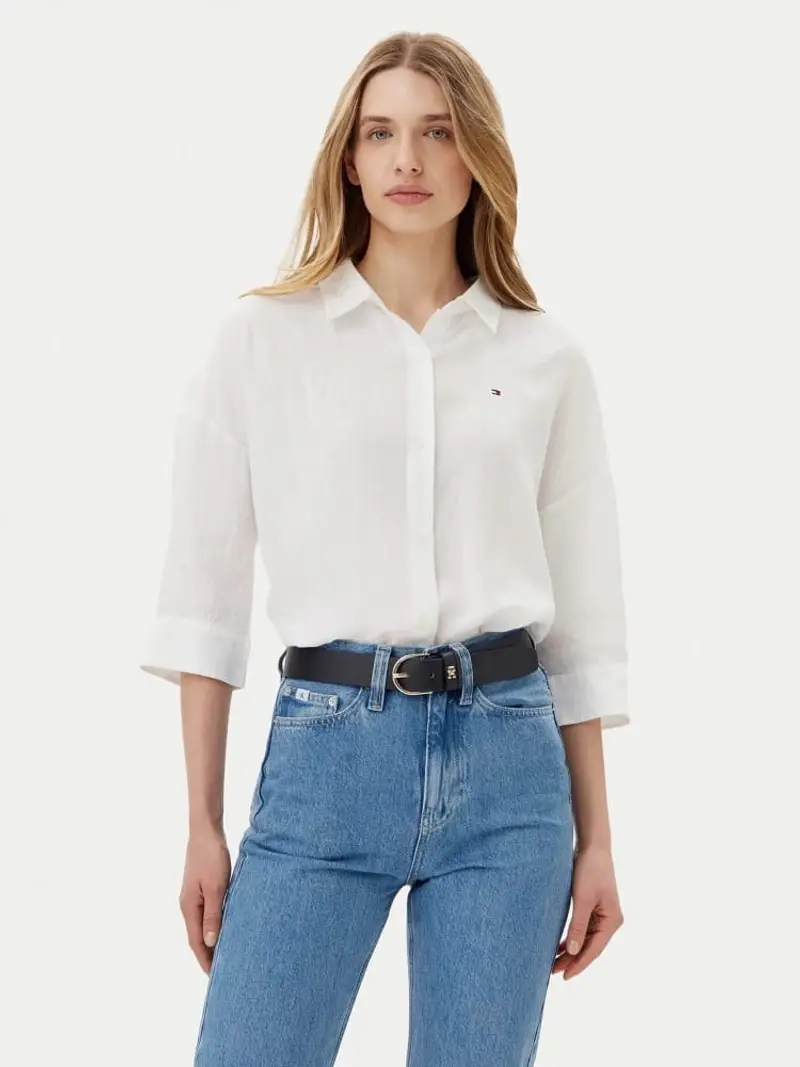 Tommy Hilfiger camicia bianca donna in lino mini logo sul petto