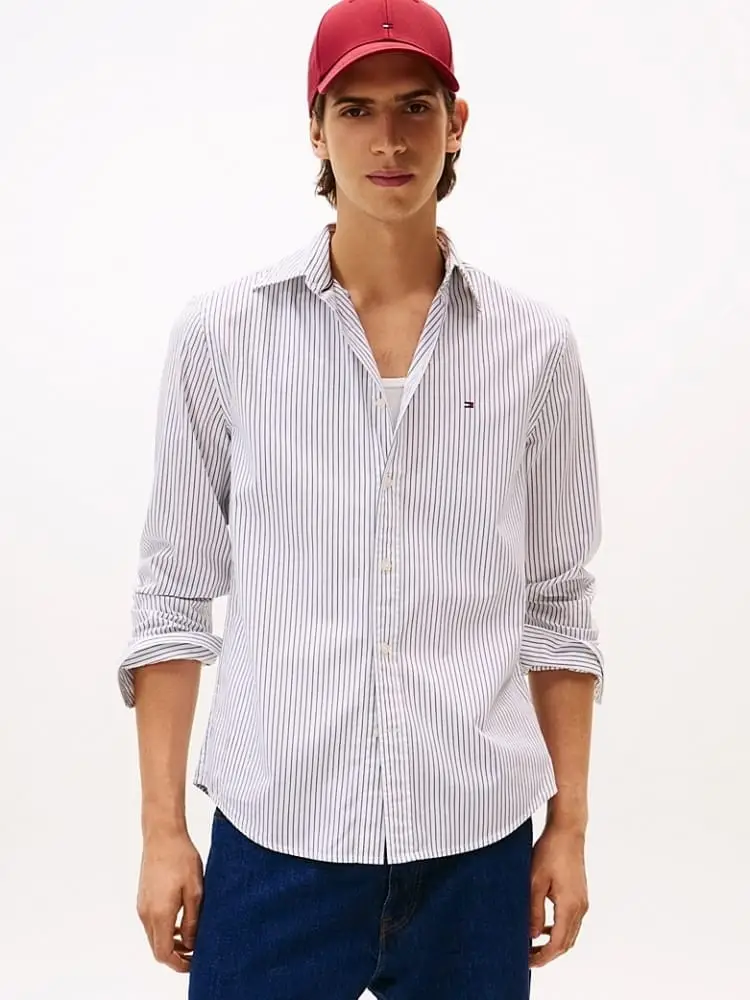 camicia bianca uomo a righe blu mini logo