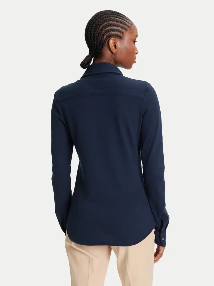 camicia blu navy donna in cotone slim fit mini logo sul petto miniatura 2