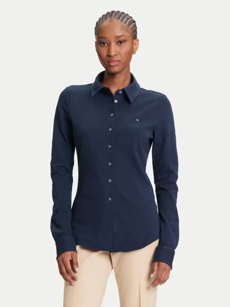 camicia blu navy donna in cotone slim fit mini logo sul petto