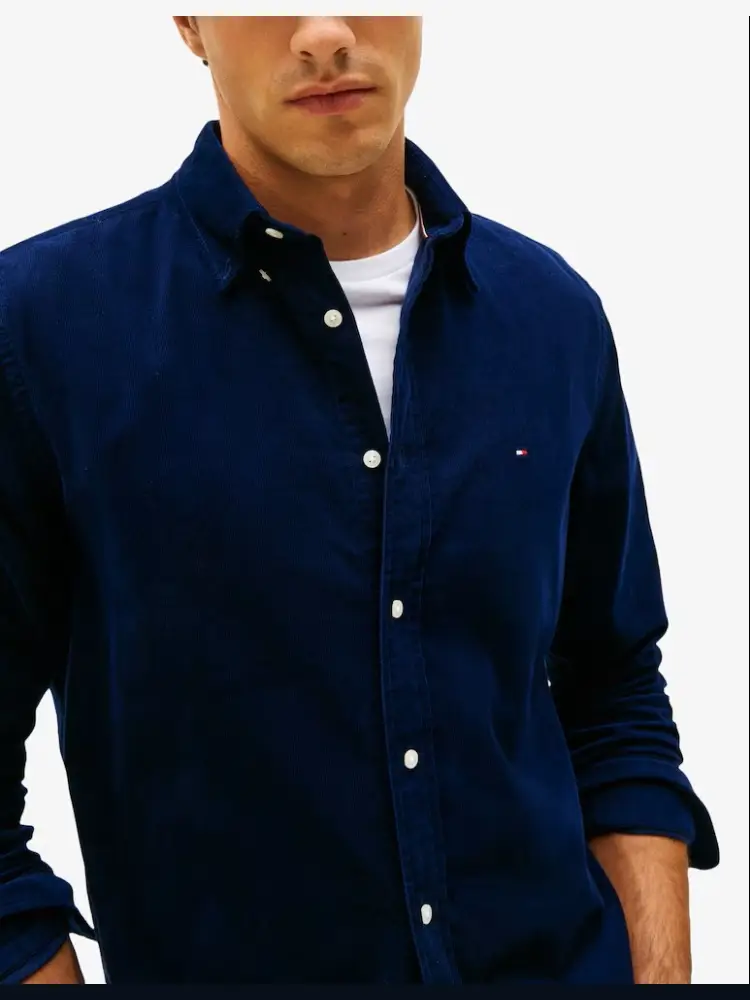 camicia blu uomo in cotone mini logo sul petto miniatura 2